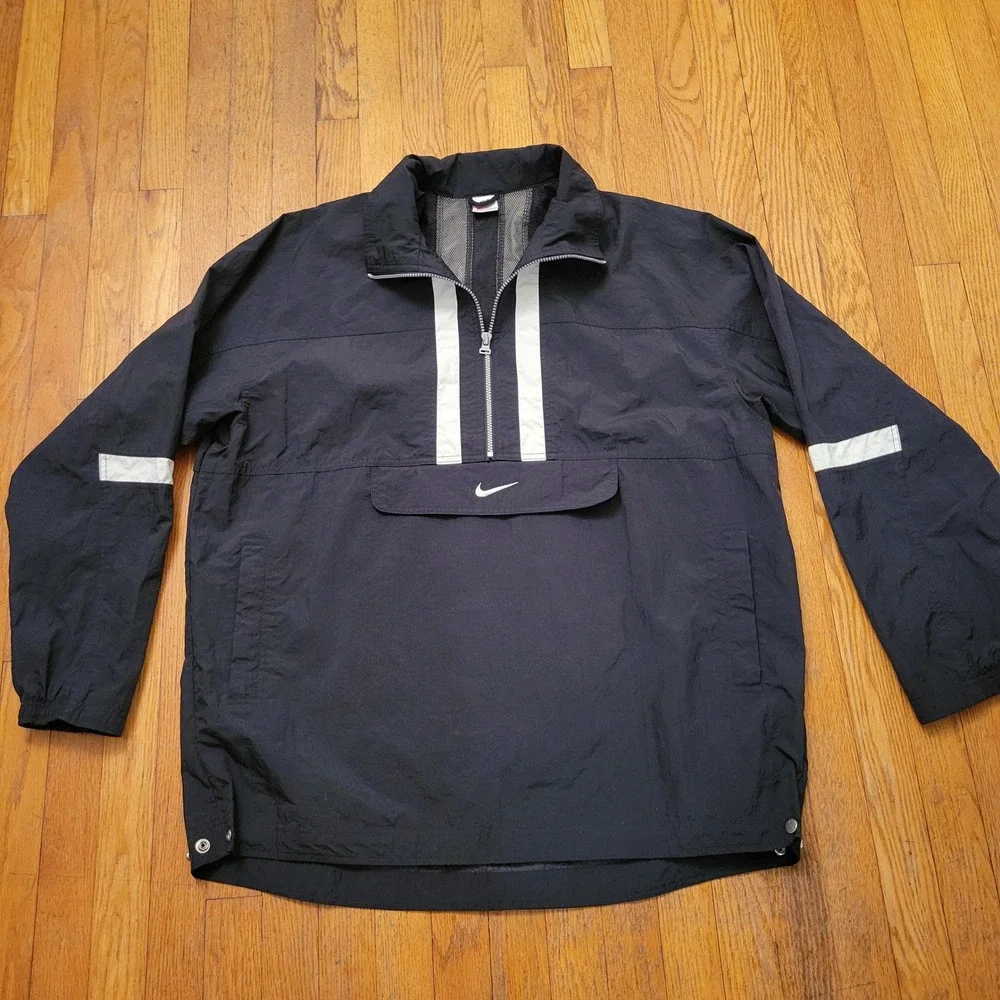 Nike XL Windbreaker‎ Black White Quarter Zip Stripe Vintage Pouch ANORAK 90s
